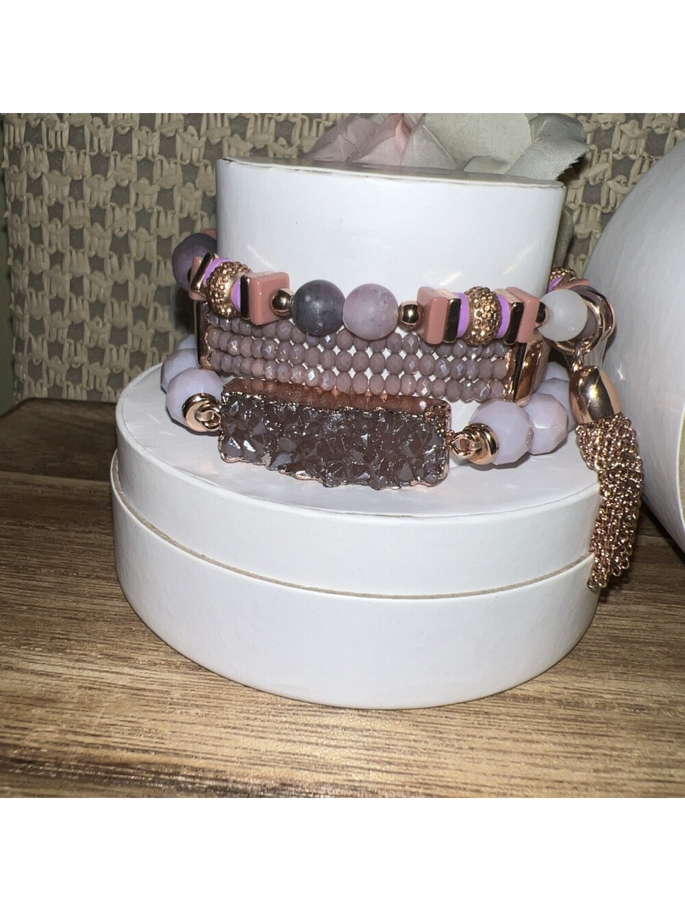 Bomb Party Stacks. Naturally Yours. 3 Bracelet Set. Shades Of Purple & Rose Gold